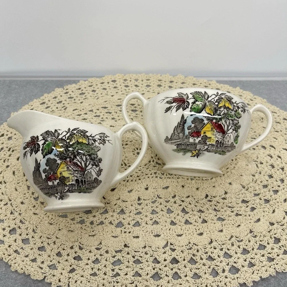 Vintage 1955 J & G Meakin Welcome Home Sugar & Creamer Set England Missing Lid